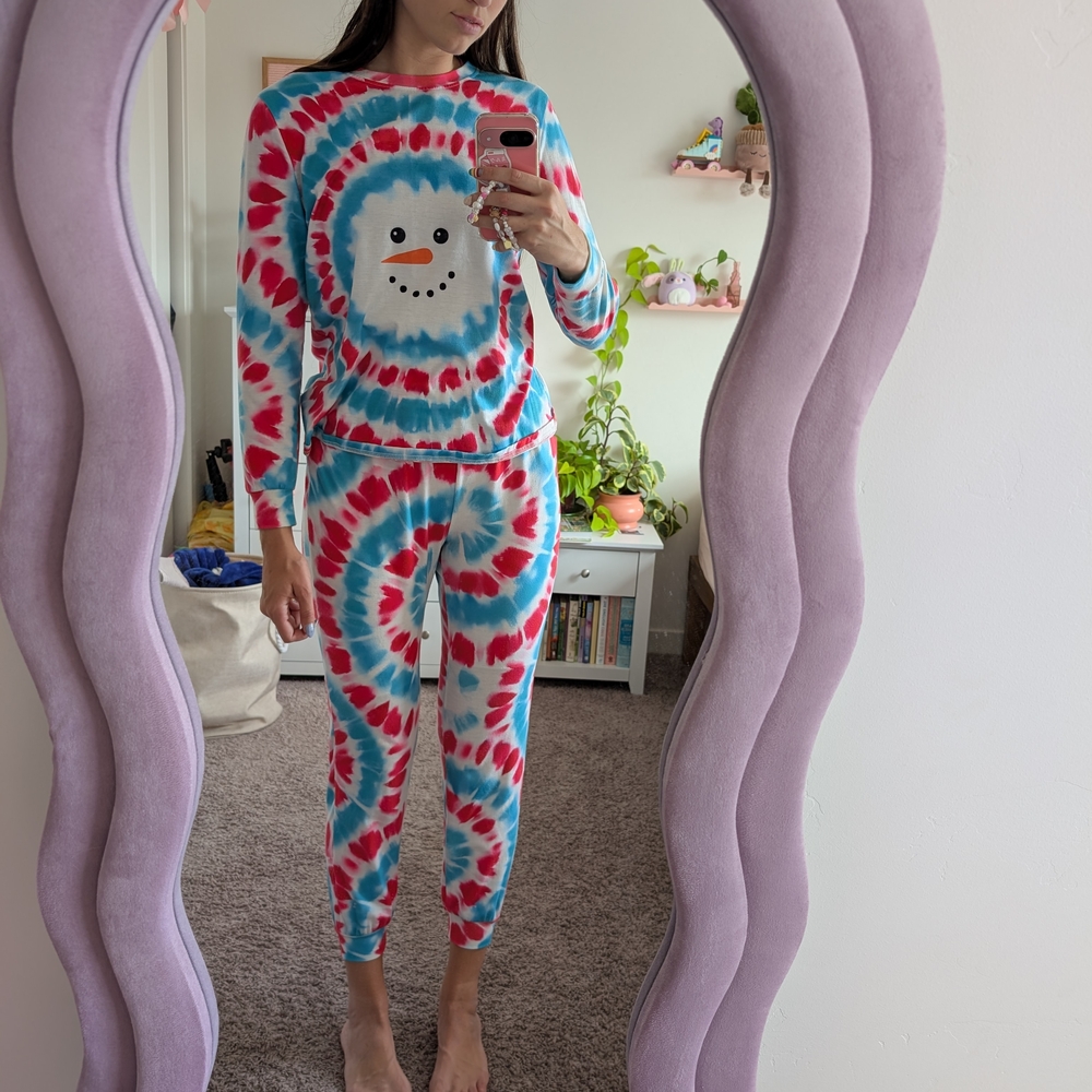 Colorful Festive Christmas Tie-Dye Snowman Pajama Set Size Medium